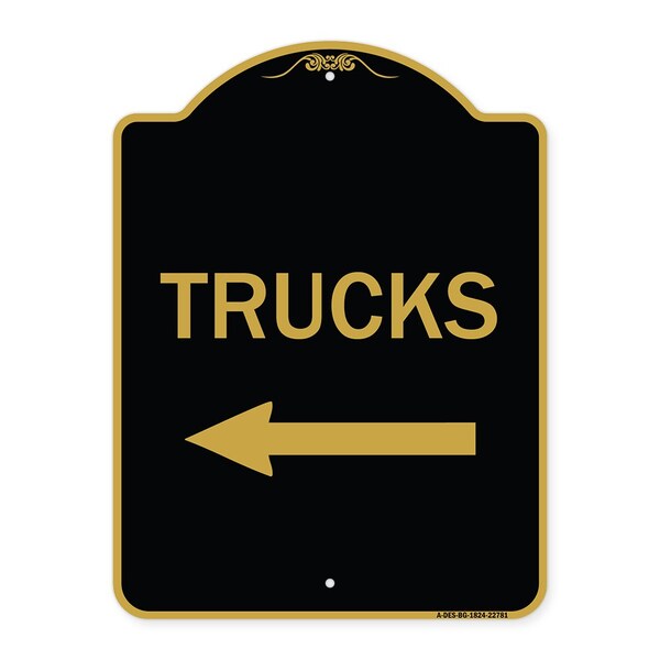 Trucks Sign Trucks W/ Left Arrow, Black & Gold Aluminum Architectural Sign, 18" x 24", BG-1824-22781